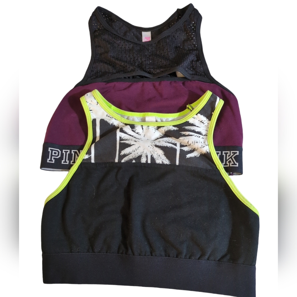 Pink Victoria Secret sport Bras one xs and one S color black and red and green